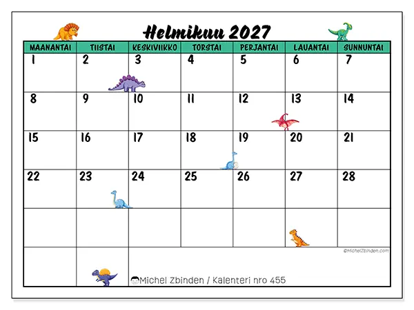 tulostettava kalenteri Helmikuu 2027 - Pienet dinosaurukset