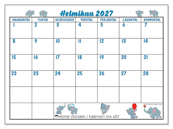 tulostettava kalenteri Helmikuu 2027 - Pienet norsut