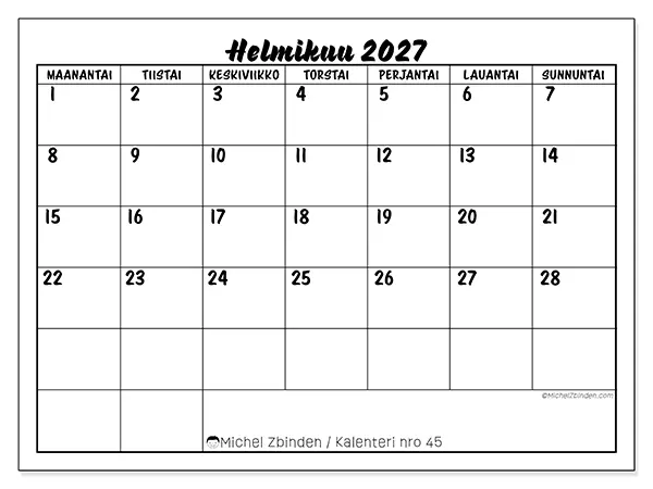 tulostettava kalenteri Helmikuu 2027 - Koulumenestys
