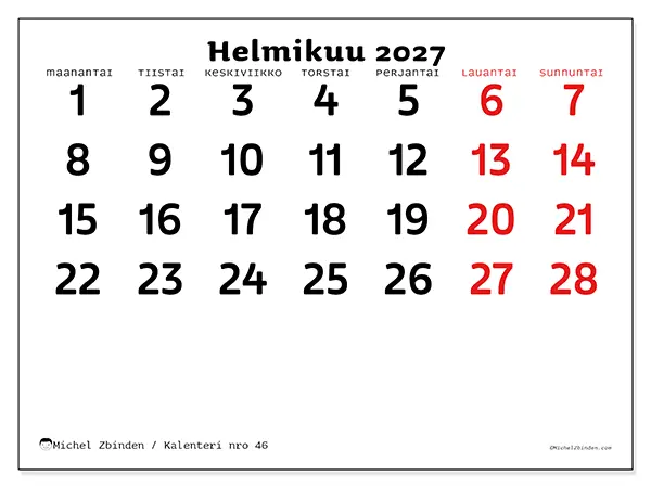 tulostettava kalenteri Helmikuu 2027 - Selkeä näkymä