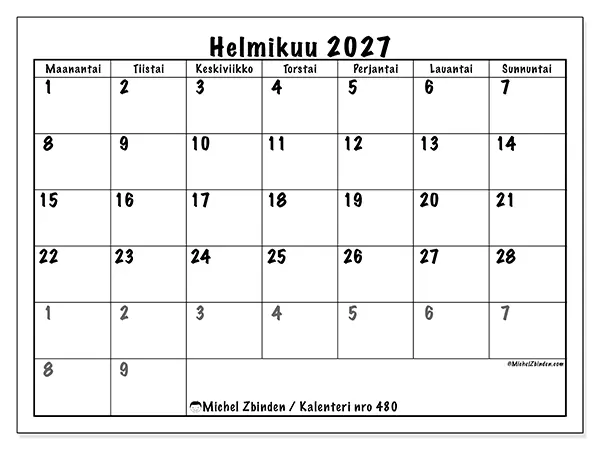 tulostettava kalenteri Helmikuu 2027 - Kattava suunnittelu