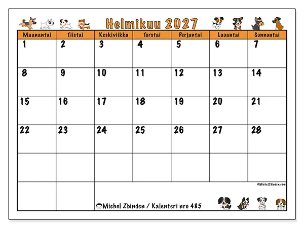 tulostettava kalenteri Helmikuu 2027 - Koirat