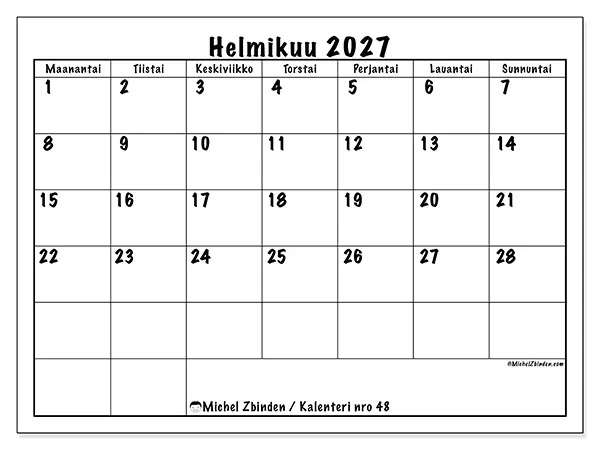 tulostettava kalenteri Helmikuu 2027 - Arjen suunnittelu