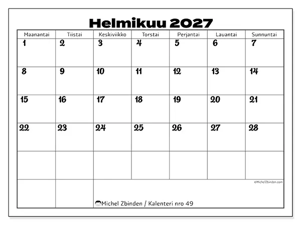 tulostettava kalenteri Helmikuu 2027 - Työn koordinointi