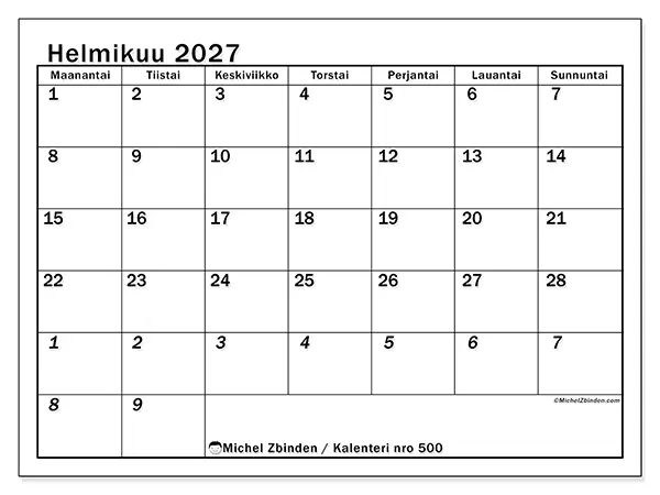 tulostettava kalenteri Helmikuu 2027 - Intensiivinen suunnittelu