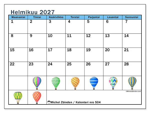 tulostettava kalenteri Helmikuu 2027 - Kuumailmapallot