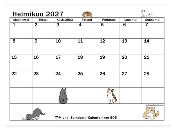 tulostettava kalenteri Helmikuu 2027 - Kissan elämä