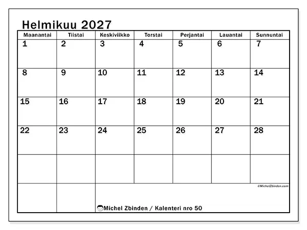 tulostettava kalenteri Helmikuu 2027 - Selkeä kuukausisuunnittelu