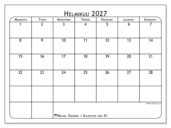 tulostettava kalenteri Helmikuu 2027 - Ateriasuunnittelija