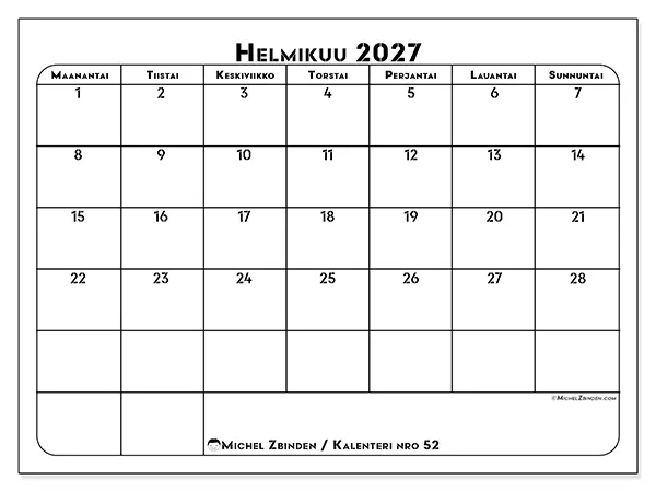 tulostettava kalenteri Helmikuu 2027 - Työn suunnittelu