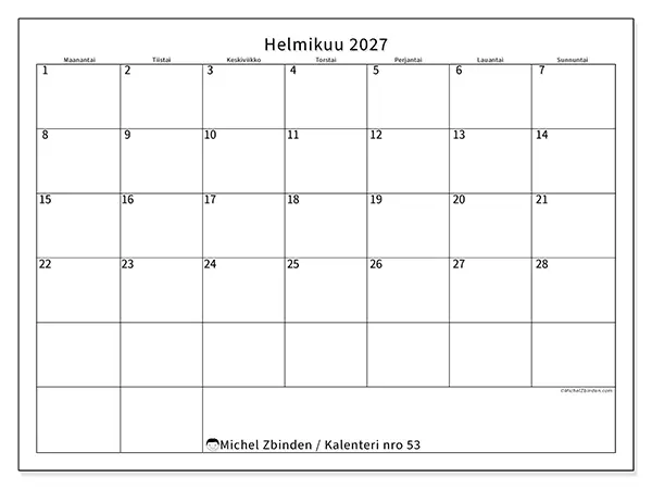 tulostettava kalenteri Helmikuu 2027 - Selkeä aikataulu