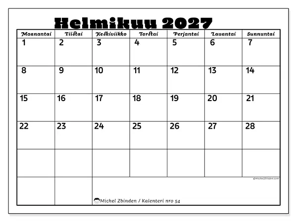tulostettava kalenteri Helmikuu 2027 - Perheaktiviteetit