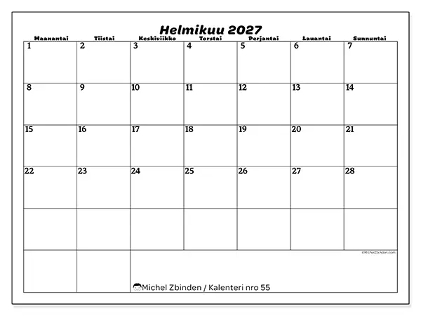 tulostettava kalenteri Helmikuu 2027 - Vapaa-ajan suunnittelu
