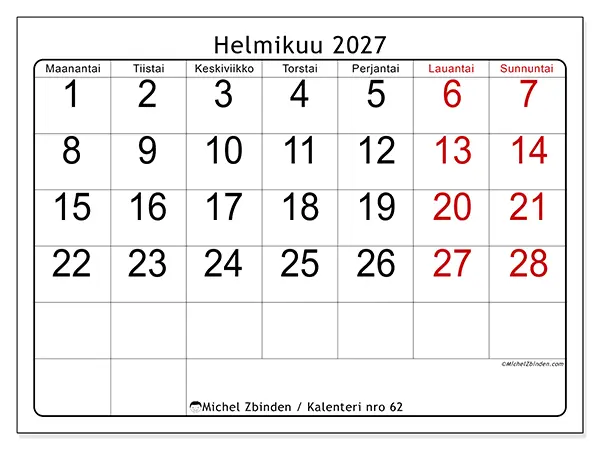 tulostettava kalenteri Helmikuu 2027 - Nopea yleiskuva
