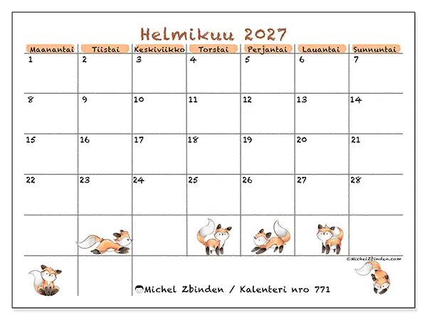 tulostettava kalenteri Helmikuu 2027 - Kettukuvitus