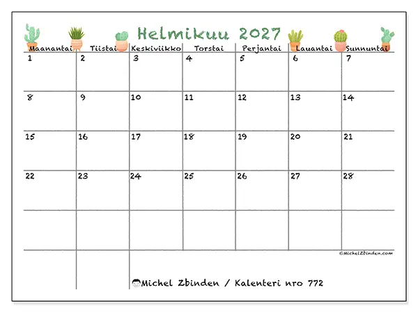 tulostettava kalenteri Helmikuu 2027 - Koristeelliset kaktukset