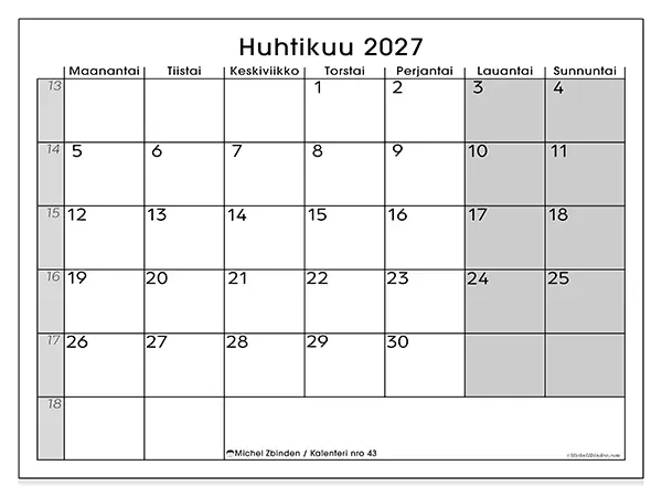 tulostettava kalenteri Huhtikuu 2027 - Selkeä yleiskuva