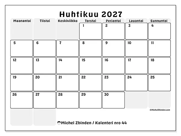 tulostettava kalenteri Huhtikuu 2027 - Rakenteinen suunnittelu