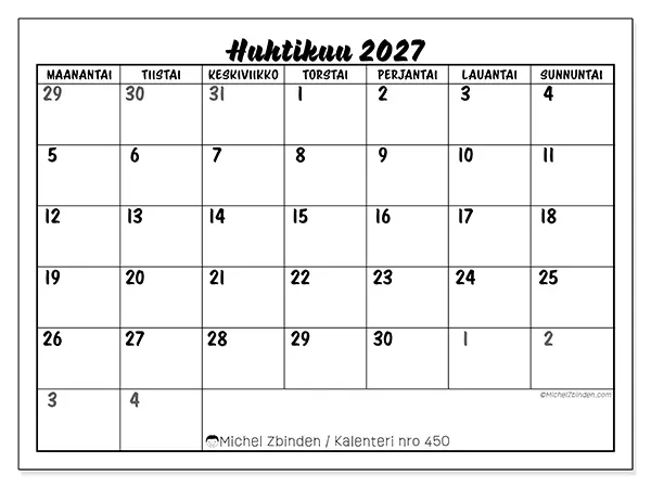 tulostettava kalenteri Huhtikuu 2027 - Yksityiskohtainen malli