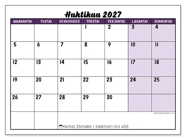 tulostettava kalenteri Huhtikuu 2027 - Värikkäät tehtävät