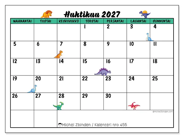 tulostettava kalenteri Huhtikuu 2027 - Pienet dinosaurukset