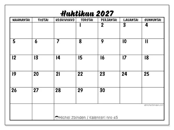 tulostettava kalenteri Huhtikuu 2027 - Koulumenestys