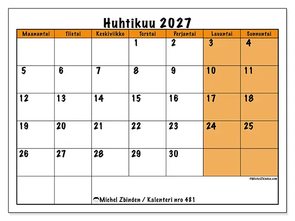 tulostettava kalenteri Huhtikuu 2027 - Dynaaminen suunnittelu