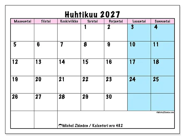 tulostettava kalenteri Huhtikuu 2027 - Tiimin aikataulu