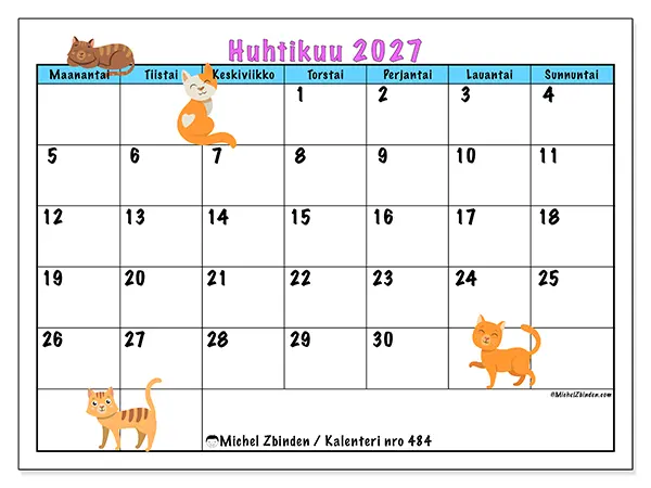 tulostettava kalenteri Huhtikuu 2027 - Rakkaus kissoihin
