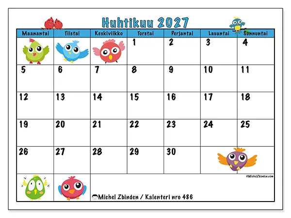 tulostettava kalenteri Huhtikuu 2027 - Linnut