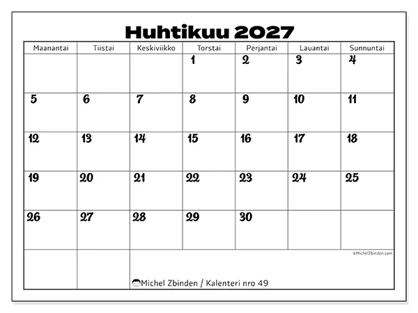 tulostettava kalenteri Huhtikuu 2027 - Työn koordinointi