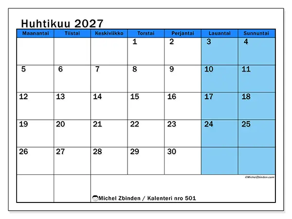 tulostettava kalenteri Huhtikuu 2027 - Dynaaminen opiskelu