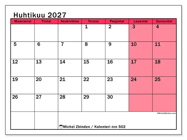 tulostettava kalenteri Huhtikuu 2027 - Valoisa hallinta