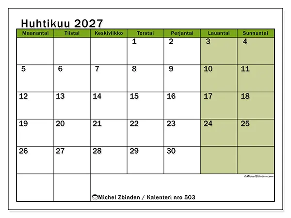 tulostettava kalenteri Huhtikuu 2027 - Luonnon sävyt