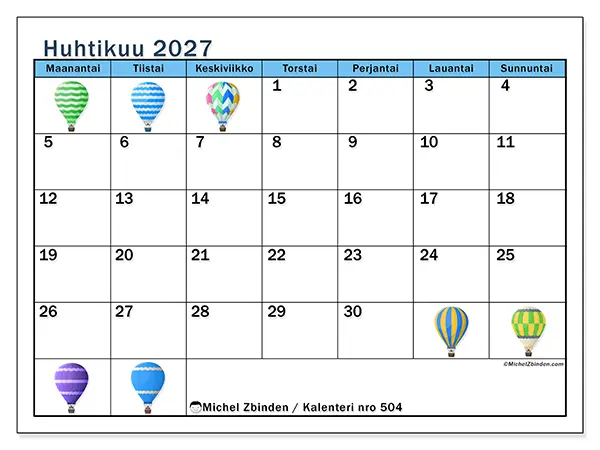 tulostettava kalenteri Huhtikuu 2027 - Kuumailmapallot