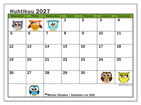 tulostettava kalenteri Huhtikuu 2027 - Pöllöt