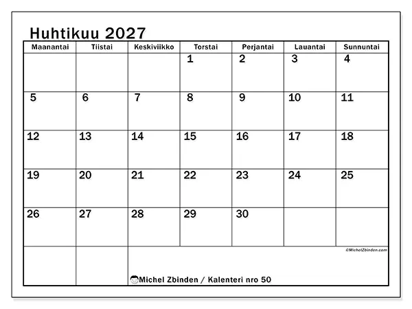 tulostettava kalenteri Huhtikuu 2027 - Selkeä kuukausisuunnittelu