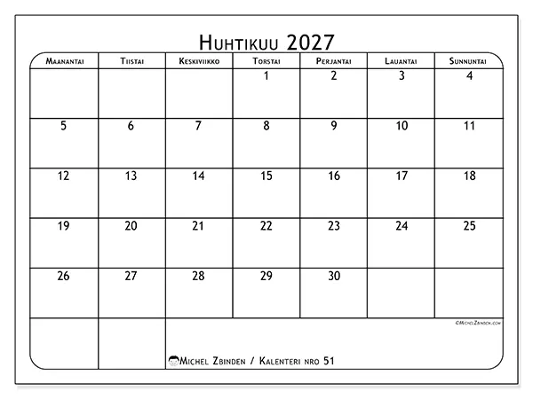 tulostettava kalenteri Huhtikuu 2027 - Ateriasuunnittelija
