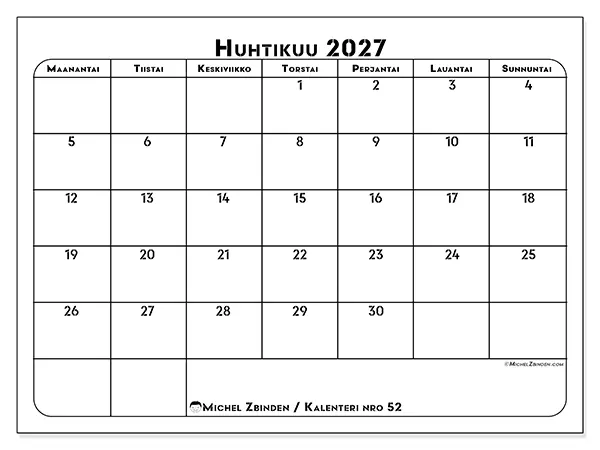 tulostettava kalenteri Huhtikuu 2027 - Työn suunnittelu