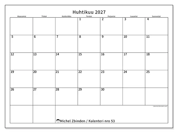 tulostettava kalenteri Huhtikuu 2027 - Selkeä aikataulu