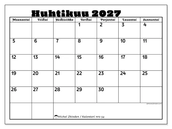 tulostettava kalenteri Huhtikuu 2027 - Perheaktiviteetit