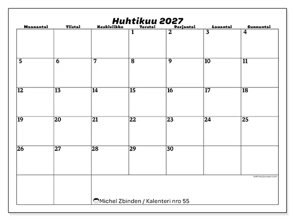 tulostettava kalenteri Huhtikuu 2027 - Vapaa-ajan suunnittelu