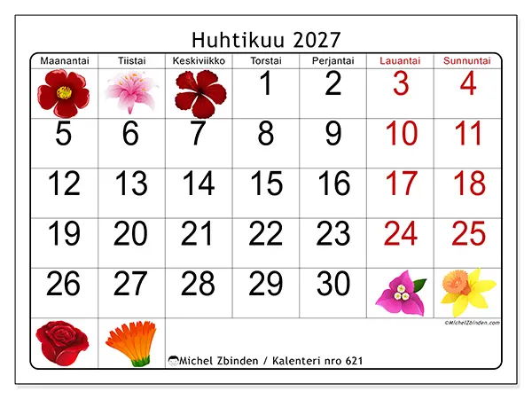 tulostettava kalenteri Huhtikuu 2027 - Suuret kukat