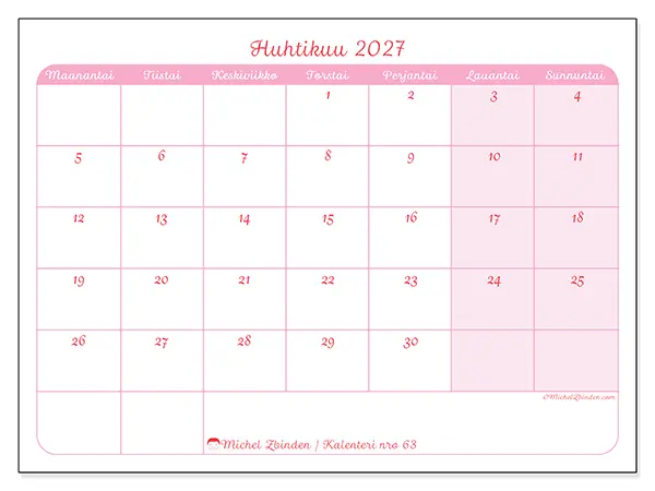 tulostettava kalenteri Huhtikuu 2027 - Rauhallinen ilme