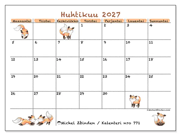 tulostettava kalenteri Huhtikuu 2027 - Kettukuvitus