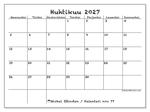 tulostettava kalenteri Huhtikuu 2027 - Koulu ja perhe