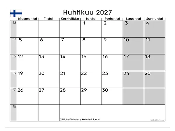 tulostettava kalenteri Huhtikuu 2027 - Suomi