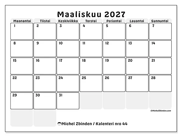 tulostettava kalenteri Maaliskuu 2027 - Rakenteinen suunnittelu