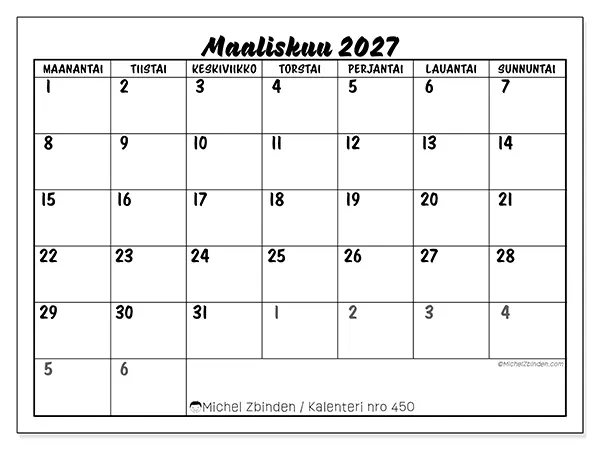 tulostettava kalenteri Maaliskuu 2027 - Yksityiskohtainen malli