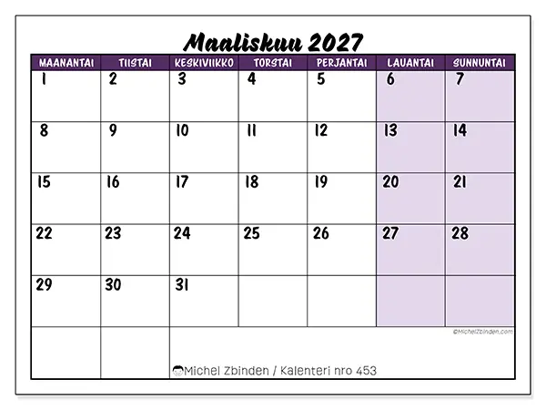 tulostettava kalenteri Maaliskuu 2027 - Värikkäät tehtävät